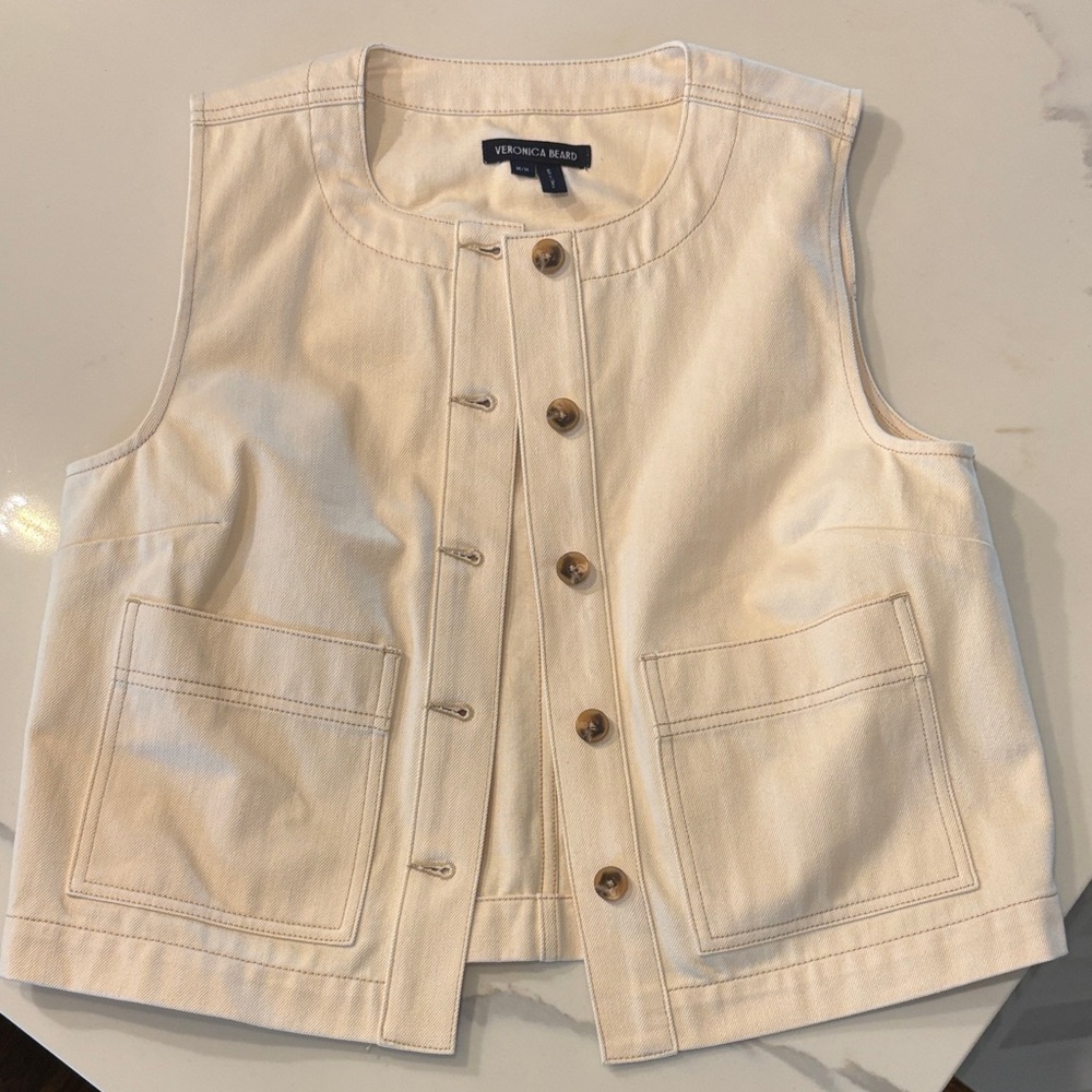 Veronica Beard Ivory Cotton Utility Vest with Patch Pockets